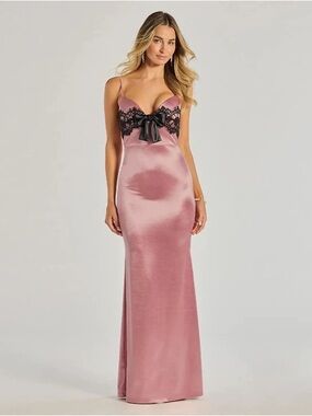 Jayden V-Neck Lace Trim Bow Satin Mermaid Formal Dress